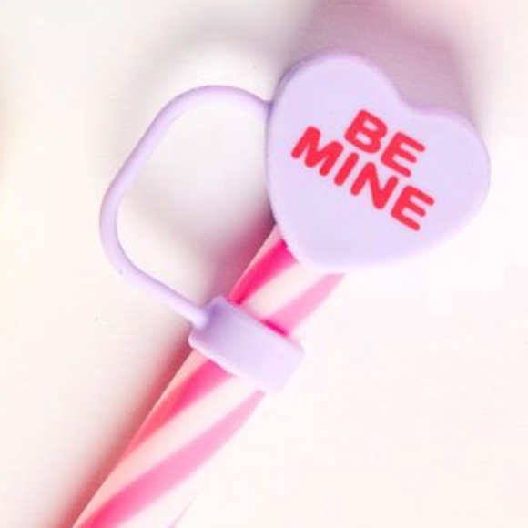 New with tags pink striped straw, purple BE MINE straw topper 30-40 oz tumblers - Picture 1 of 3